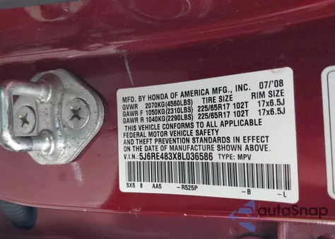 2008 Honda Cr-V Lx from USA, damaged, VIN 5J6RE483X8L036586